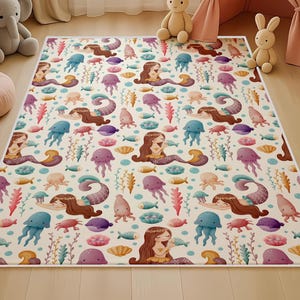 Nautical Girls Room Rectangle Carpet, Anti-Slip Mermaid Baby Rug, Washable Nursery Mat, Bestselling Play Mat