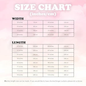 May include: Size chart for curtains with measurements in inches and centimeters. The chart shows the width and length options available for curtains. The width options are 28, 31, 35, and 39 inches. The length options are 47, 51, 55, 59, 63, 71, 75, and 79 inches.
