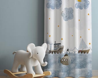 Boat Curtain Under The Ocean, Baby Boy Curtains, Nursery Curtains, Window Curtains, Sea Patterned Curtain Kids,Baby Room Decor,Cloud Curtain