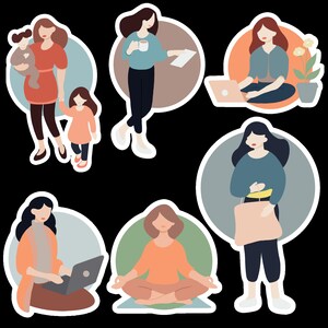 May include: Illustration of six women in different poses. One woman is holding a baby, another is holding a cup of coffee, another is working on a laptop, another is holding a shopping bag, another is meditating, and another is holding a book.