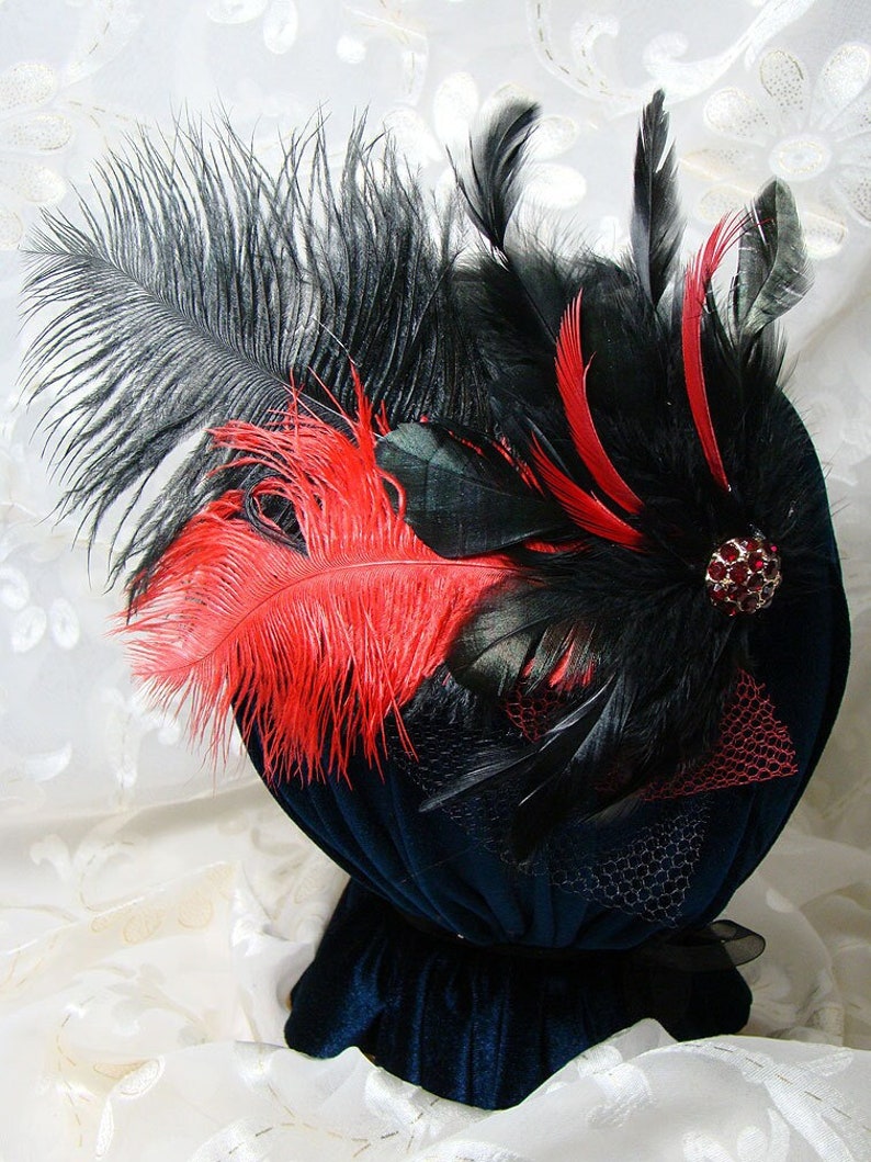 Black and Red Ostrich Feather Fascinator 10 image 1