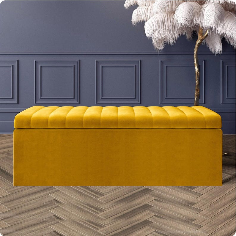 Mustard gold velvet storage ottoman box, deep storage with soft-close lid – handmade upholstered bench for end of bed or hallway seating.