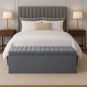 grey velvet storage ottoman bench, handmade with deep storage and soft-opening lid – luxury upholstered ottoman for bedroom or living room décor.