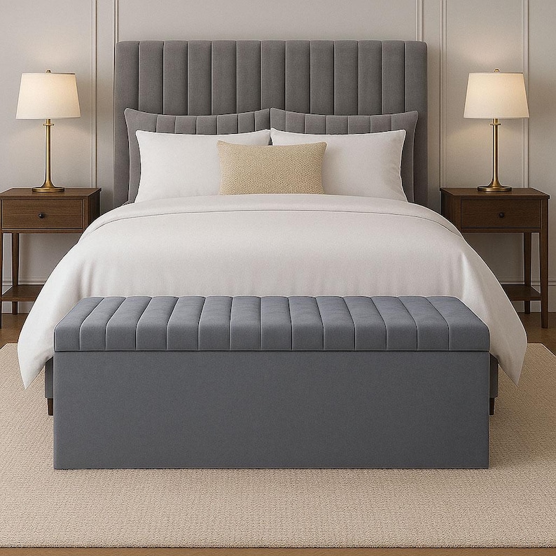 grey velvet storage ottoman bench, handmade with deep storage and soft-opening lid – luxury upholstered ottoman for bedroom or living room décor.