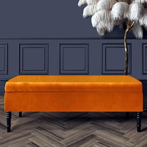 Safar Plain Upholstered Velvet Bench with Storage, End of Bed Bench with Legs, Ottoman Storage Bench with Plain Lid, Hallway Storage Bench