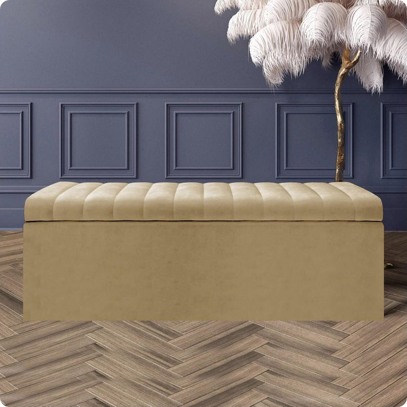 Handmade mink velvet upholstered ottoman box with deep storage and lined interior – stylish footstool bench or storage chest, made to order in the UK.
