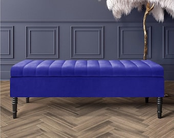 Velvet Upholstered Storage Ottoman, Footstool Bench with Black Wood Legs