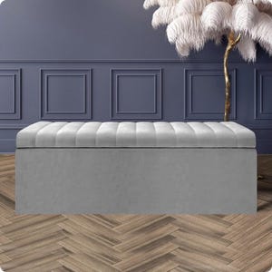 Silver velvet upholstered storage ottoman box with soft-opening lid and deep compartment – elegant handmade storage bench for bedroom or living room.