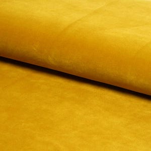 Può includere: Un primo piano di un morbido tessuto di velluto giallo. Il tessuto ha una texture liscia e lussuosa.