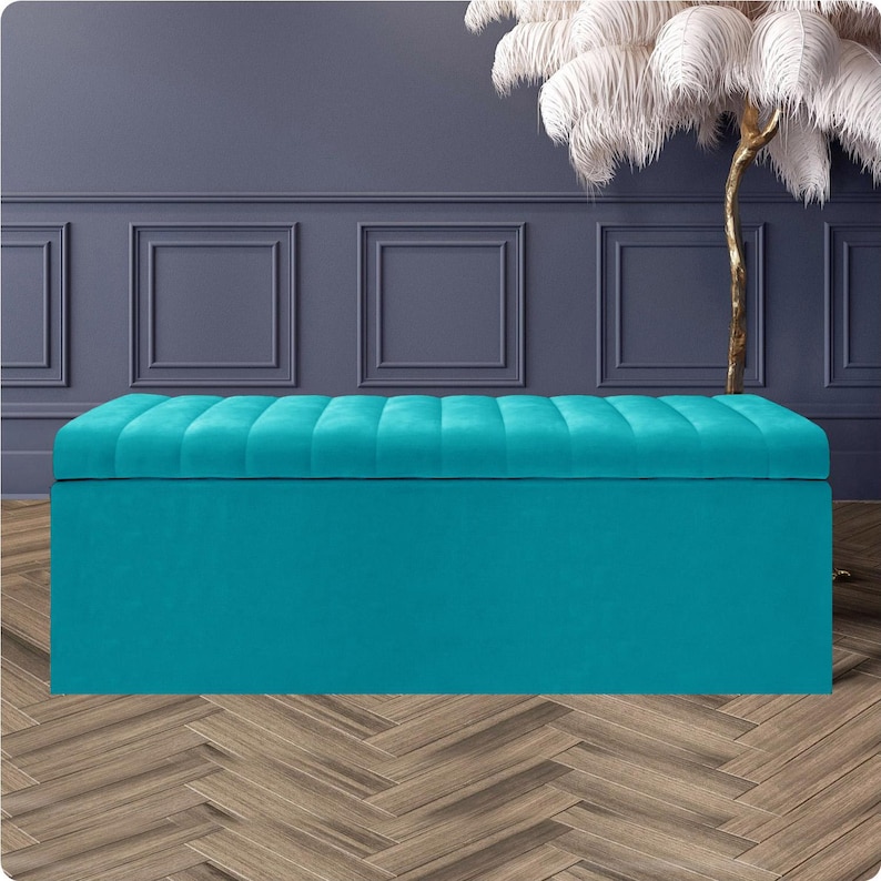 Teal velvet upholstered storage ottoman with soft-close lid and deep storage space – handmade velvet bench or footstool, stylish and functional.