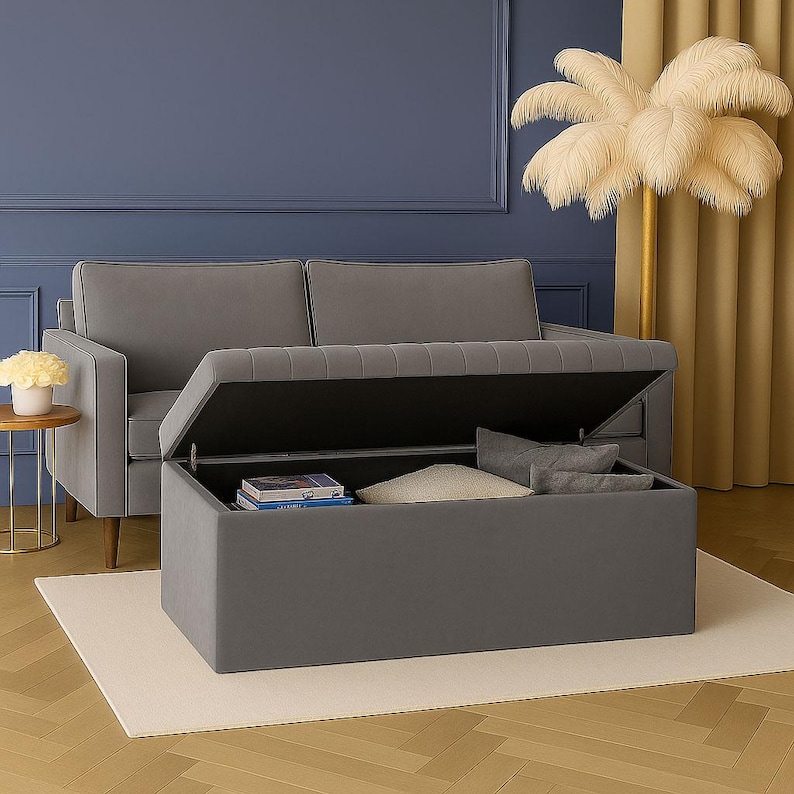 Large Plush Velvet Ottoman Storage Box, Blanket Box, End of Bed Bench afbeelding 4