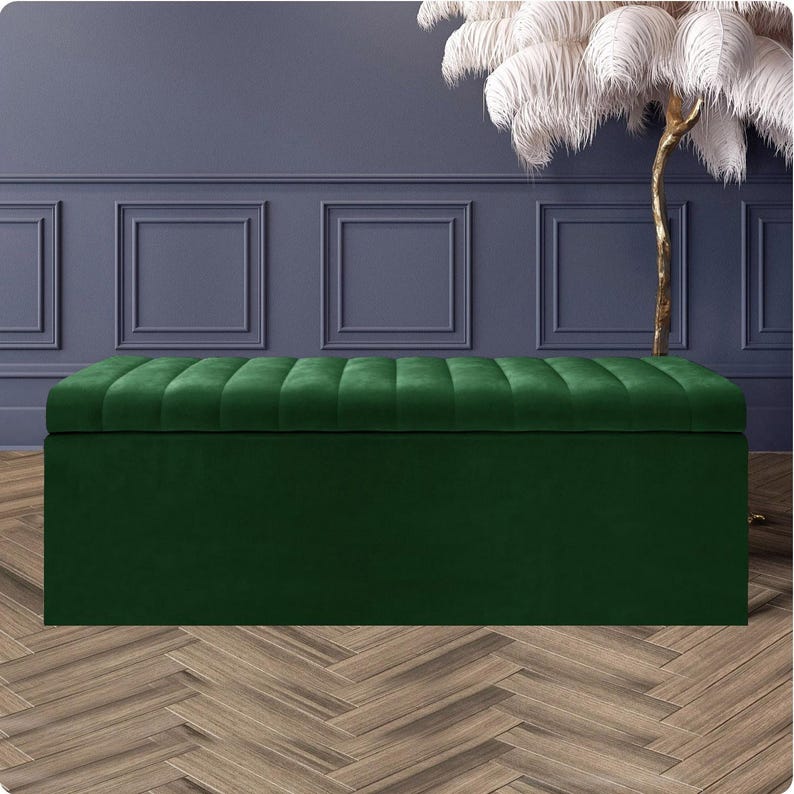 Forest green velvet upholstered ottoman box with soft-close lid and deep storage space – handmade storage bench, footstool or coffee table ottoman UK made.