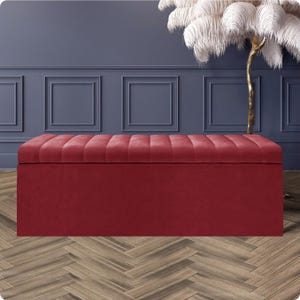 Red velvet upholstered ottoman box with soft-opening lid and deep storage – handmade storage bench or toy box, perfect statement piece for home décor.