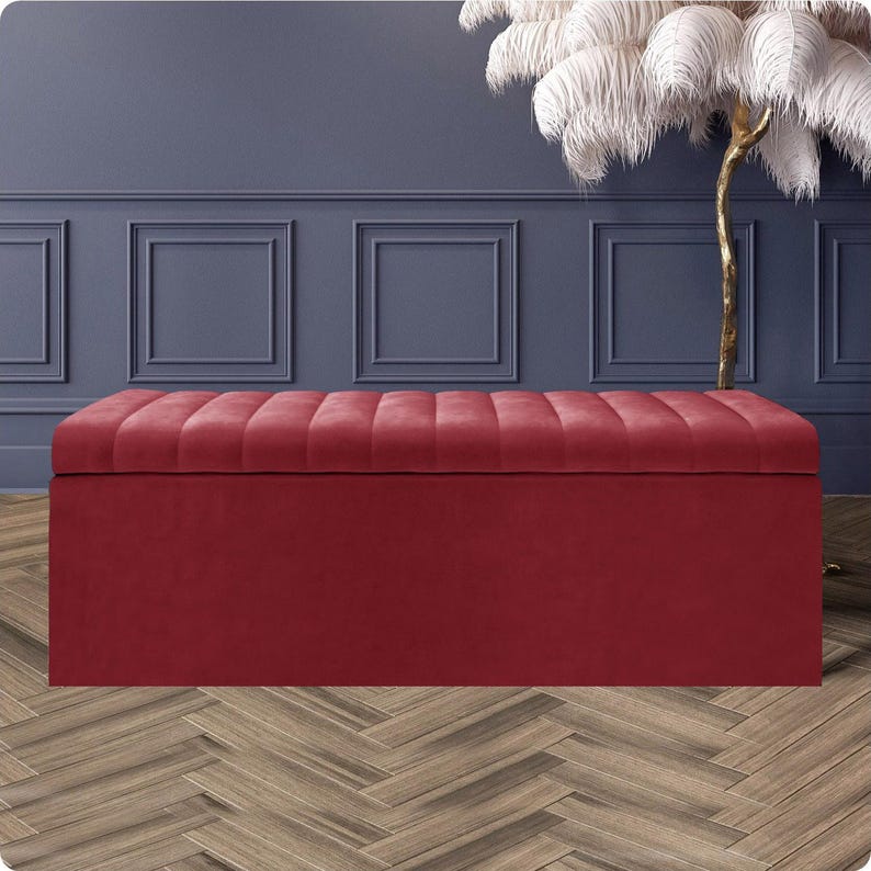 Red velvet upholstered ottoman box with soft-opening lid and deep storage – handmade storage bench or toy box, perfect statement piece for home décor.