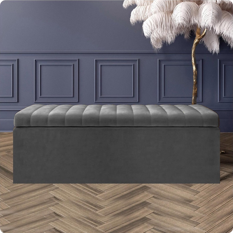 Steel grey velvet storage ottoman box with soft-opening lid and deep storage – luxury handmade upholstered bench for modern home décor.