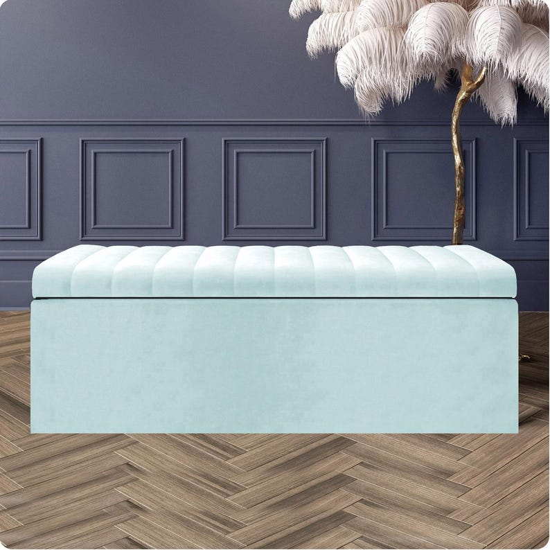 White velvet upholstered ottoman storage box with lined interior and deep compartment – elegant handmade storage bench or coffee table ottoman.