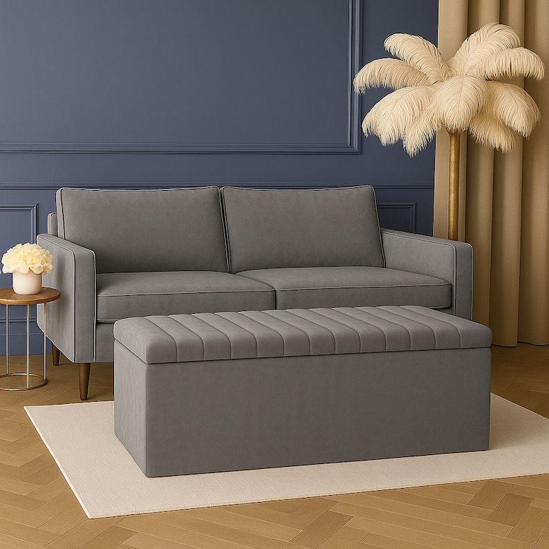 upholstered storage ottoman box with deep storage, soft-close lid, and striped lining – handmade velvet storage bench or end of bed ottoman UK.