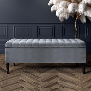 Paris Striped Ottoman Storage Bench, Plush Velvet Upholstered Ottoman Box with Wooden Legs, Rectangle Coffee Table, End of Bed Bench,