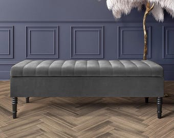 Velvet Rectangle Storage Bench, Lined Upholstered Footstool with Black Legs