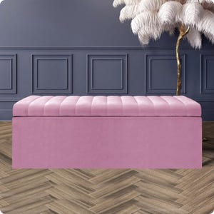 Pink velvet upholstered storage ottoman box with striped lining and deep compartment – feminine handmade storage bench or dressing room seat.