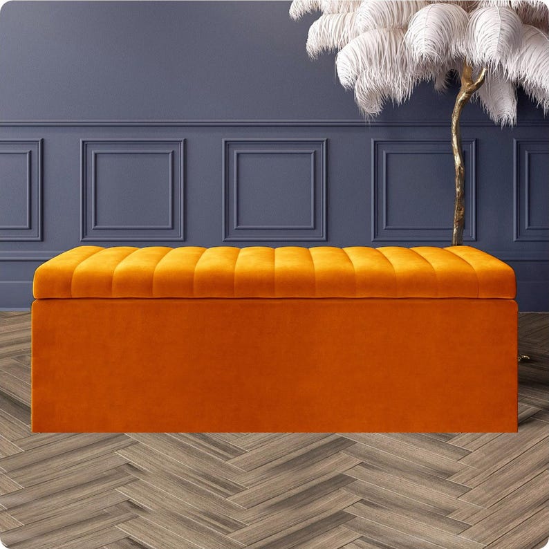 Burnt orange velvet storage ottoman box, handmade with soft-opening lid and deep storage space – modern upholstered bench for bedroom, hallway, or living room décor.