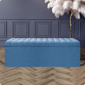 Duck egg blue velvet upholstered ottoman with deep storage and soft-opening lid – handmade storage bench or toy box ideal for bedroom or hallway.