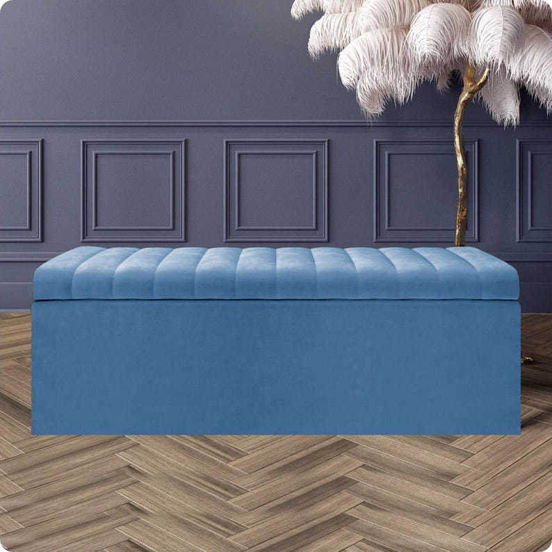 Duck egg blue velvet upholstered ottoman with deep storage and soft-opening lid – handmade storage bench or toy box ideal for bedroom or hallway.