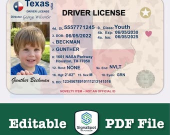 Patente di guida personalizzata per bambini del Texas - Carta d'identità per giochi di ruolo - Carta di sicurezza per bambini