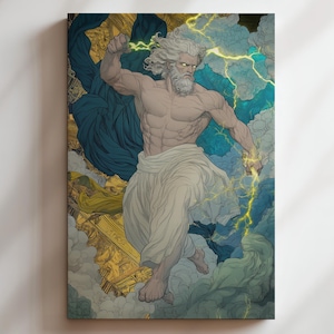 Sztuka ścienna Zeus – grecki mitologiczny bóg piorunów na płótnie, epicki wydruk błyskawic Olimpu, potężne boskie dzieło sztuki, wystrój wojownika fantasy