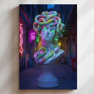 Medusa graffiti-style canvas print - Greek mythology art with bright neon colors and modern urban elements