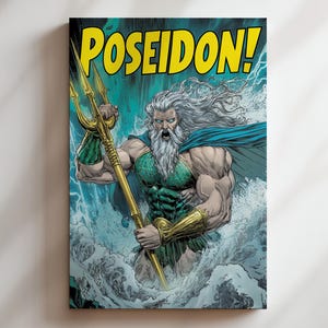 Impresión en lienzo de cómic de Mighty Poseidon: dios de los mares con el poder de las olas, arte de la mitología griega, estilo cómic retro con estética