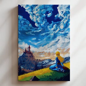 Impresión en lienzo de Princesa en la Colina: mundo de fantasía de pixel art, castillo épico, estética atmosférica de videojuego retro sobre lienzo.