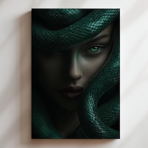 Impresión en lienzo de Medusa oscura: guerrero serpiente místico, estética verde oscuro, retrato de gorgona mítica para decoración de pared moderna