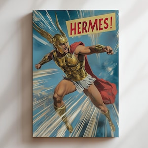 Impresión en lienzo de cómic dinámico de Hermes: mensajero de los dioses en pose de acción, arte de mitología griega, estilo cómic retro con estética de héroe