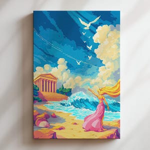 Impresión en lienzo de Afrodita en píxeles: Diosa en la playa con templo y gaviotas. Colorido arte retro en píxeles inspirado en videojuegos de 64 bits.