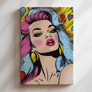 Impresión en lienzo de Afrodita, diosa del amor, en estilo cómic retro, con colores vibrantes y glamour como arte mural icónico.