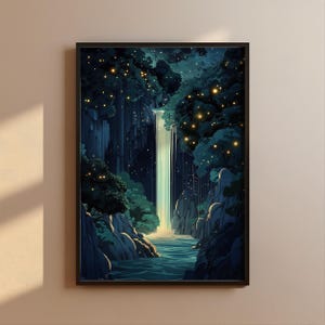 Hokusai Ukiyo-e Sternenhimmel Wasserfall Wand Kunst Landschaft Poster Blau Dunkelgrün Japanisch Wohnkultur