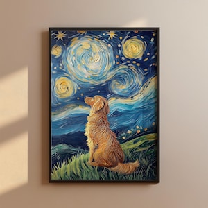 Poster - Der treue Hund unter der Sternennacht: Bewegende Kunst im Van-Gogh-Stil – Magisches Dekor für dein Zuhause