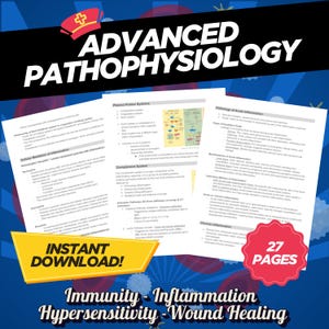 Peut inclure: Téléchargement numérique intitulé "Advanced Pathophysiology" avec une icône de toque d'infirmière rouge. L'image présente plusieurs pages de notes médicales, une bannière jaune indiquant "Téléchargement instantané !" et un cercle rouge indiquant "27 pages". Les sujets incluent l'immunité et l'inflammation.