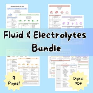 Puede incluir: Un paquete de descarga digital de 9 hojas de trucos imprimibles sobre fluidos y electrolitos. Las hojas están codificadas por colores y presentan ilustraciones de diferentes electrolitos. El título del paquete es "Fluid & Electrolytes Bundle".