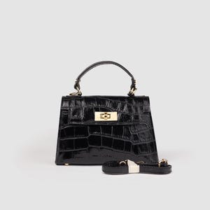 Black Italian Leather Croc Embossed Mini Bag, Structured Top Handle Purse, Elegant Small Crossbody