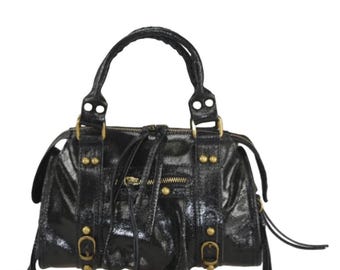 Medium Black Italian Leather Bowler Bag, Distressed Crossbody Handbag, Antique Gold Hardware