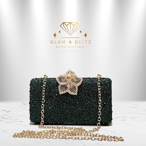 Bolso de mano con brillantes de imitación verde esmeralda, cierre floral, bolso de novia, bolso de mano con cadena dorada, bolso de boda de lujo, bolso de fiesta de noche, regalo