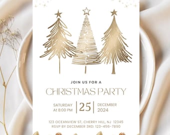 May include: Gold foil Christmas party invitation with a white background and three stylized gold trees. The text reads "Join us for a Christmas Party, Saturday, December 25, 2024, at 8:00 PM, 123 Oceanview St, Cherry Hill, NJ 12345, RSVP by December 3rd: 123-456-7890".