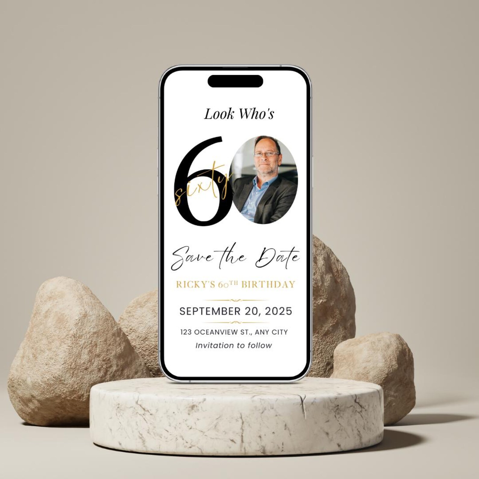 Save the Date 60th Birthday Invitation Digital Download Photo Editable