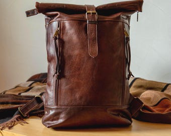 Handmade Moroccan Leather Backpack: Brown Roll-Top Travel Bag for Men & Women – Durable Vintage Style