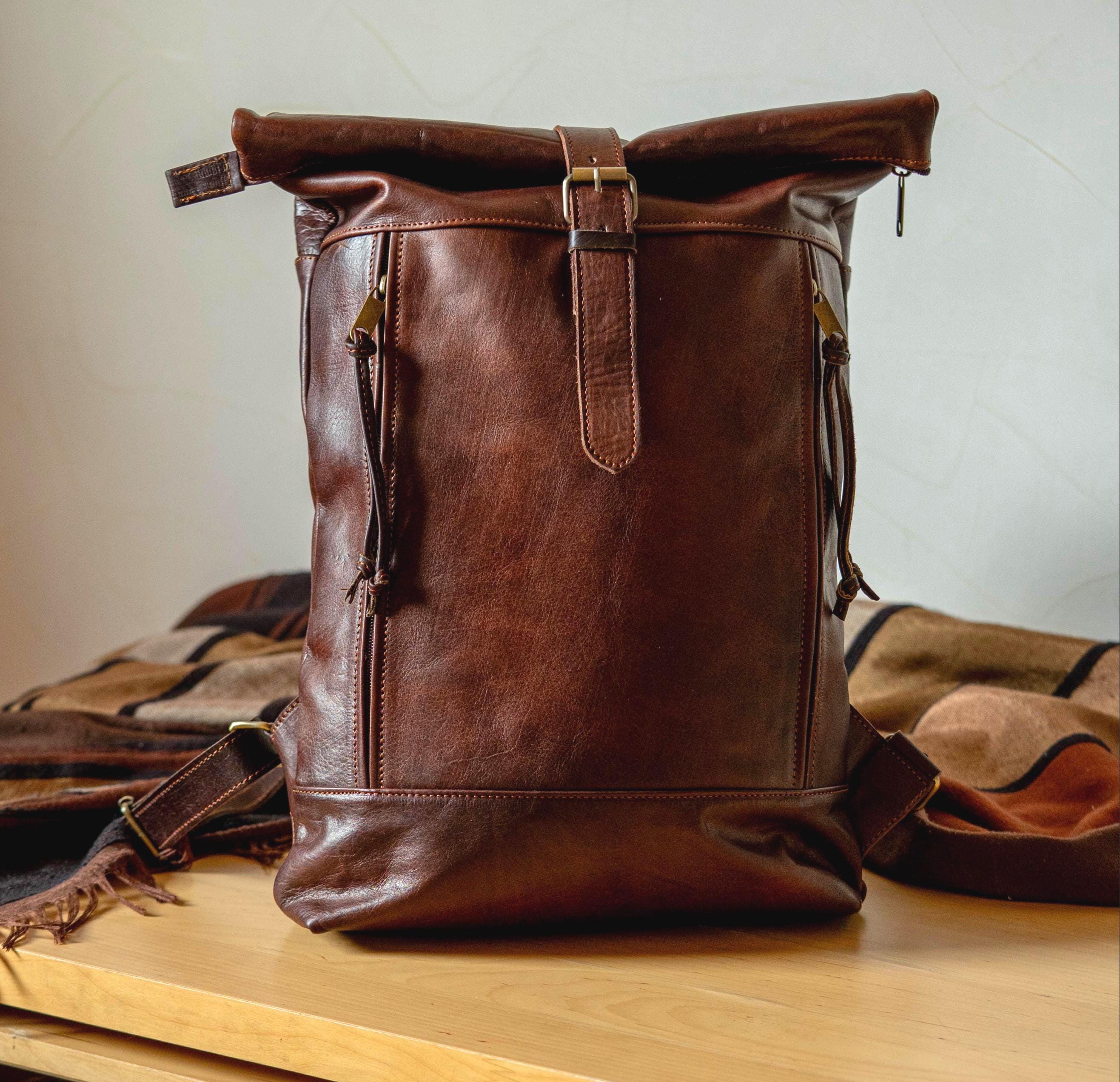VINTAGE HANDMADE FULL GRAIN MOROCCAN BROWN LEATHER BACKPACK BAG Handmade Full Grain Brown Leather Backpack, Moroccan  main image 3
