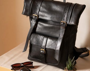 Handmade Moroccan Leather Roll Top Backpack: Unisex Travel Daypack