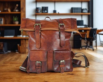 Moroccan Leather Roll Top Backpack: Handmade Travel Rucksack