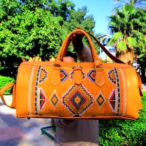 Personalized Moroccan Kilim Leather Travel Bag: Boho Duffle Weekender
